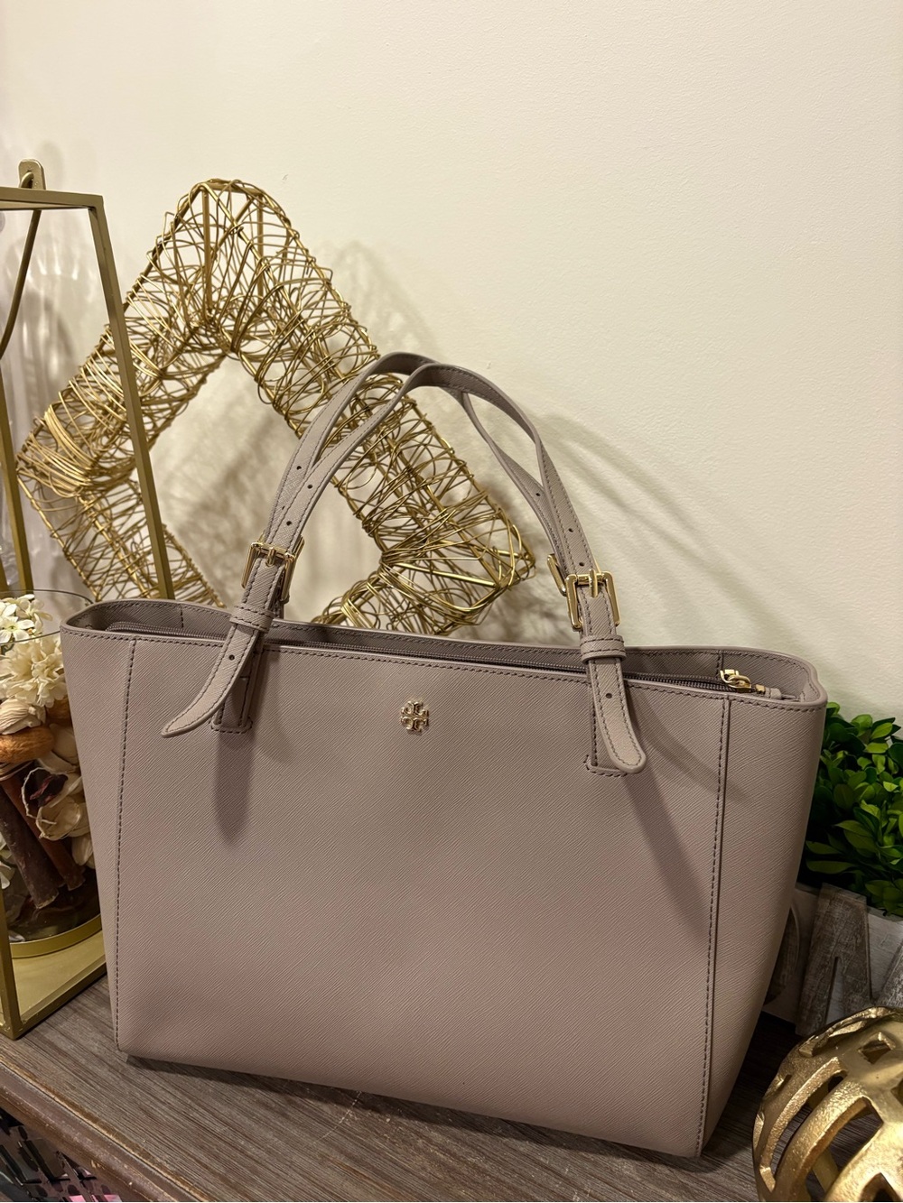 Tory Burch Dusty Taupe Saffiano Leather Tote